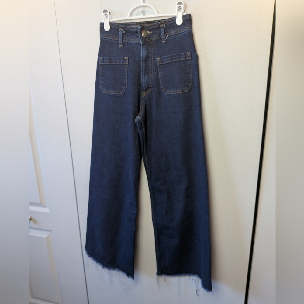 ZARA Wide Leg Flare Jeans Size 2 Dark Blue Sailor Style High Rise 99% Cotton